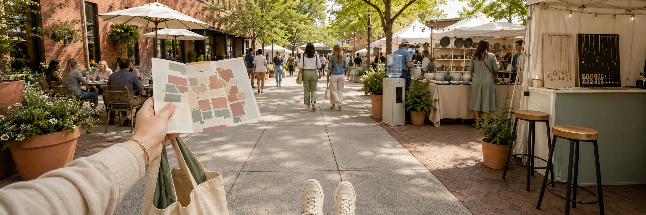 A shopper holds an abstract market map beside a tote while looking down an accessible aisle toward maker tents and a jewelry station.