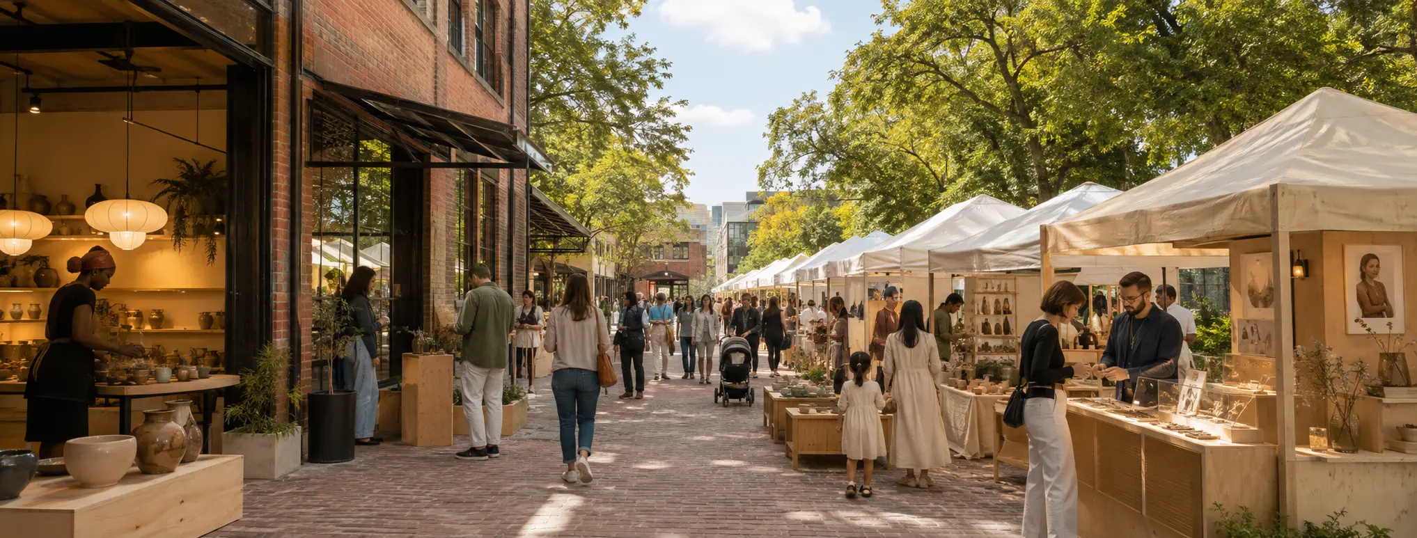 Ivory maker tents line a tree-shaded brick pedestrian street with ceramics jewelry and local shoppers.