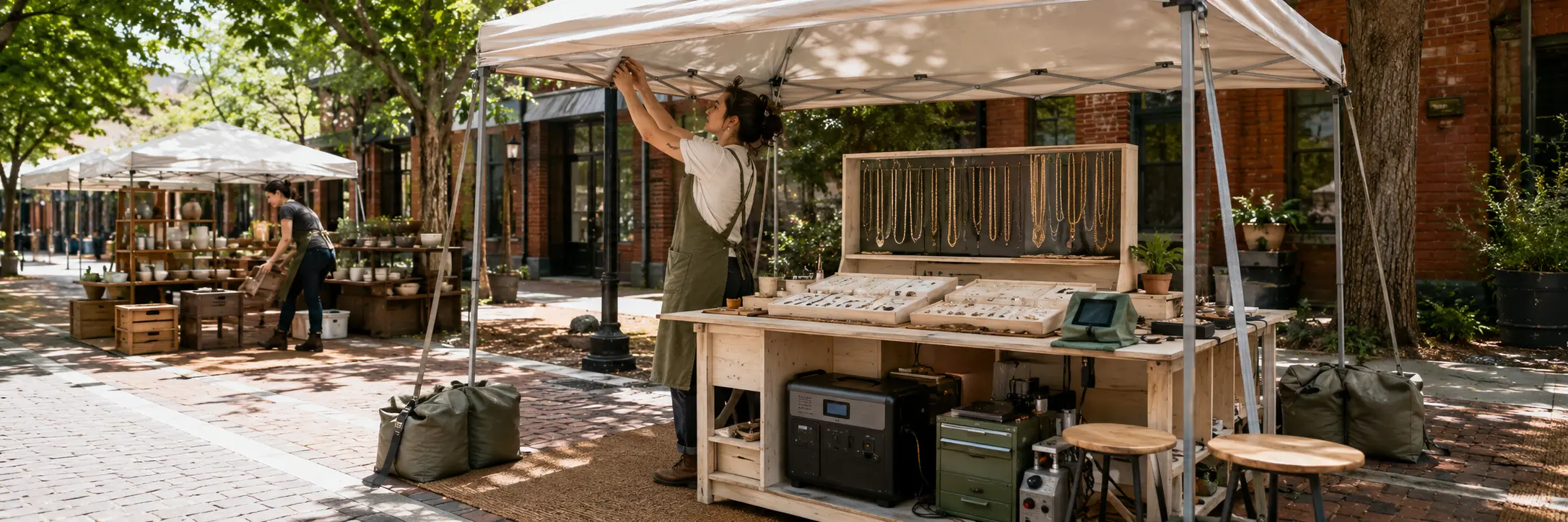 A jewelry maker secures a weighted canopy and prepares chain displays battery power a covered terminal and stools before opening.