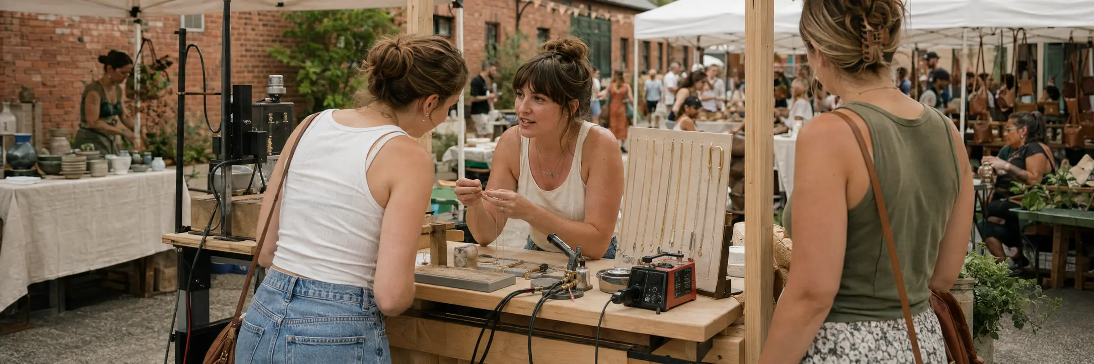 A permanent-jewelry maker explains chain choices to a shopper while another visitor waits at a brick-courtyard market.