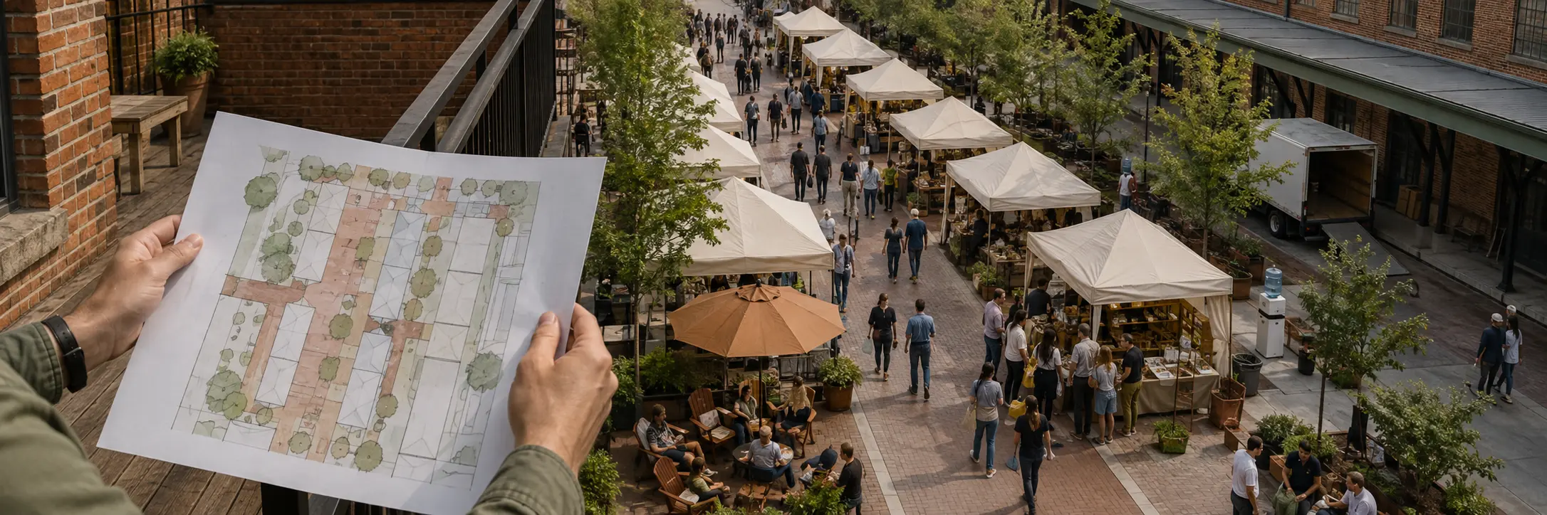 An organizer compares a site plan with an elevated view of tents seating load access and pedestrian flow in a brick market lane.
