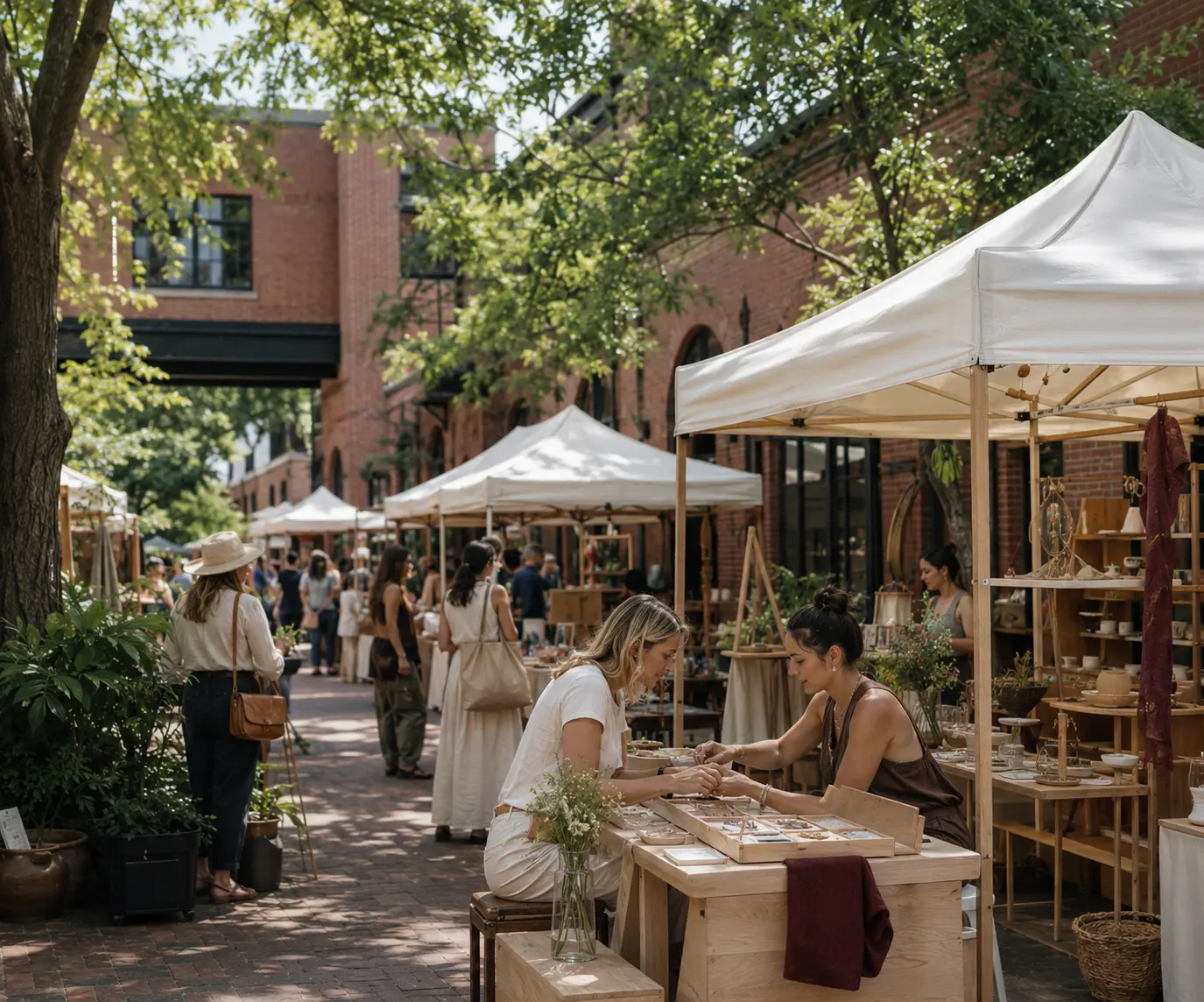 An ivory-tented spring makers market fills a shaded brick courtyard as a jeweler works with a seated shopper.