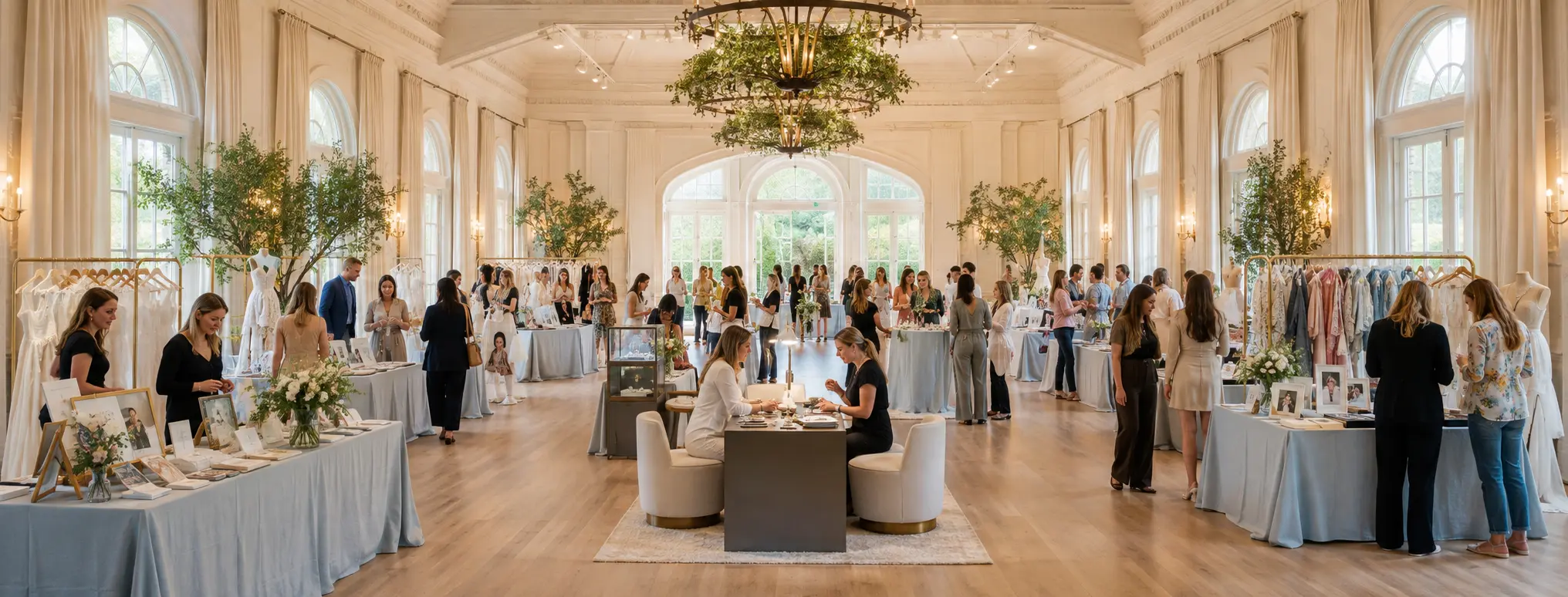 A regional bridal floor fills a sunlit historic ballroom with attire stationery floral photography and jewelry booths.
