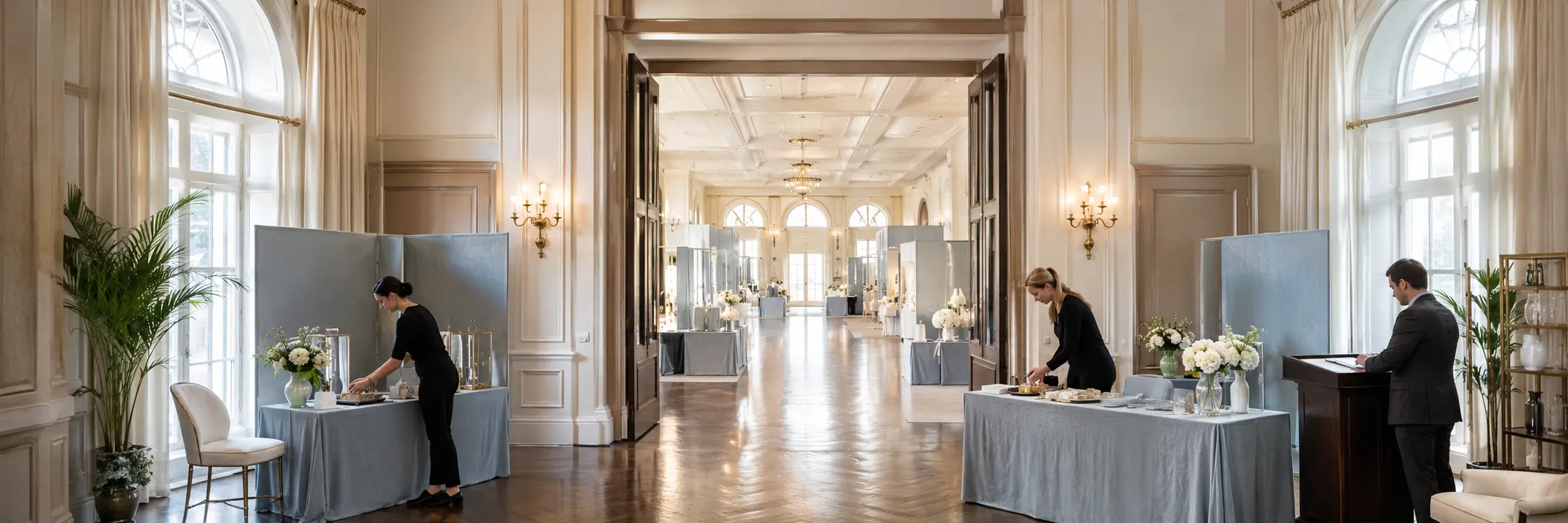 Vendors make final checks beside pale blue-gray booths at the entrance to an almost empty historic ballroom.