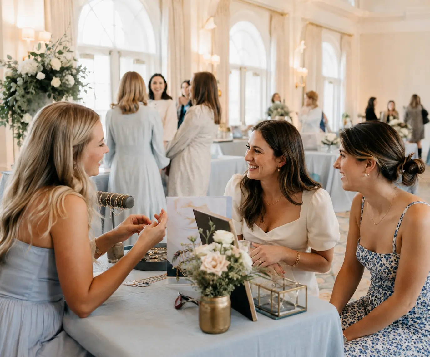 A bride-to-be and companion speak with a permanent-jewelry vendor in a bright arched-window Lowcountry ballroom.