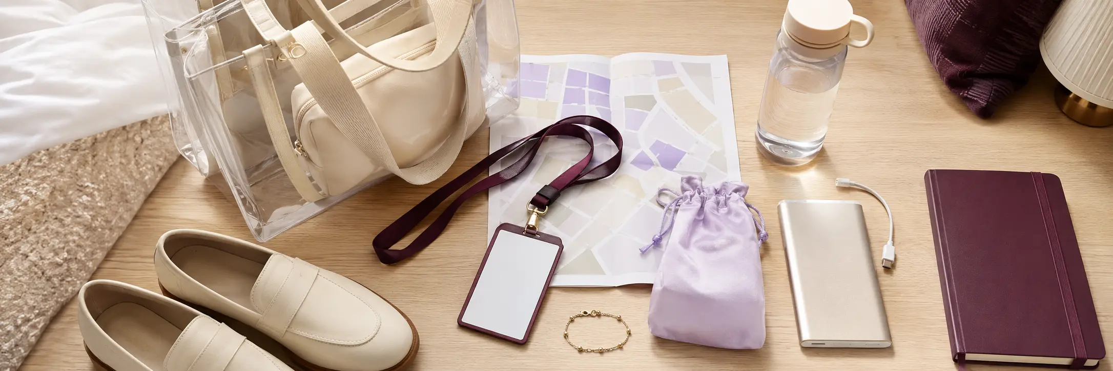 A clear tote blank badge floor map loafers charger water bottle notebook and sample pouch form a convention attendee kit.