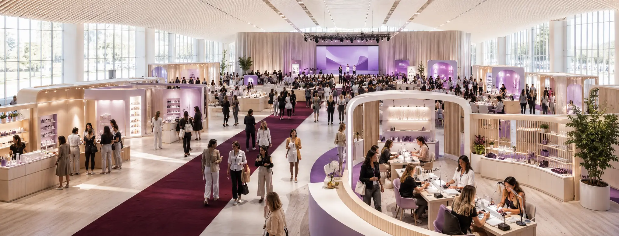 An elevated view shows beauty booths an education stage broad aisles and a permanent-jewelry area in a bright convention hall.