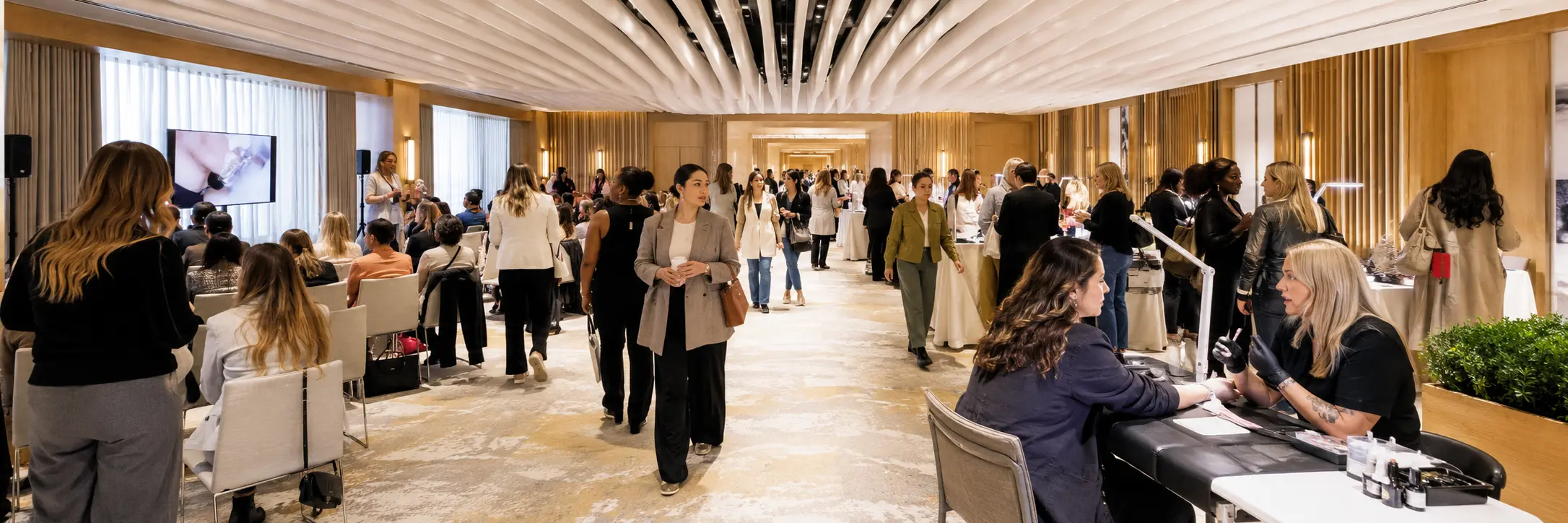 Beauty professionals attend demonstrations and move between service stations during a busy event session.