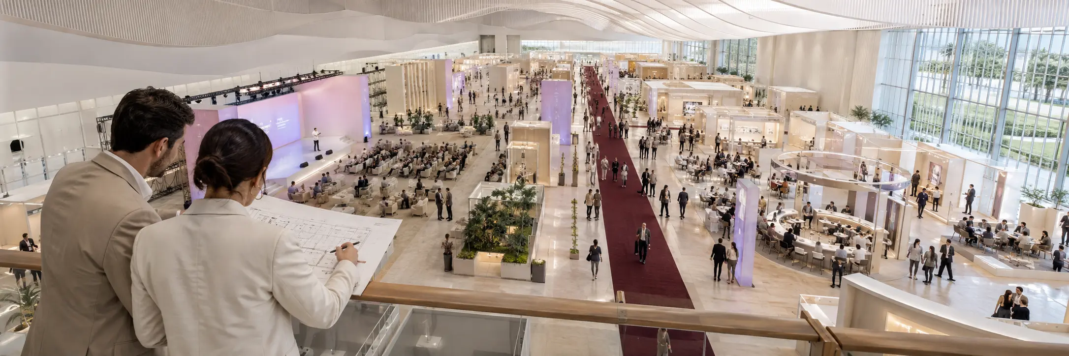 Two organizers study a floor plan from above a convention hall with aisles stage booths and seating nodes.