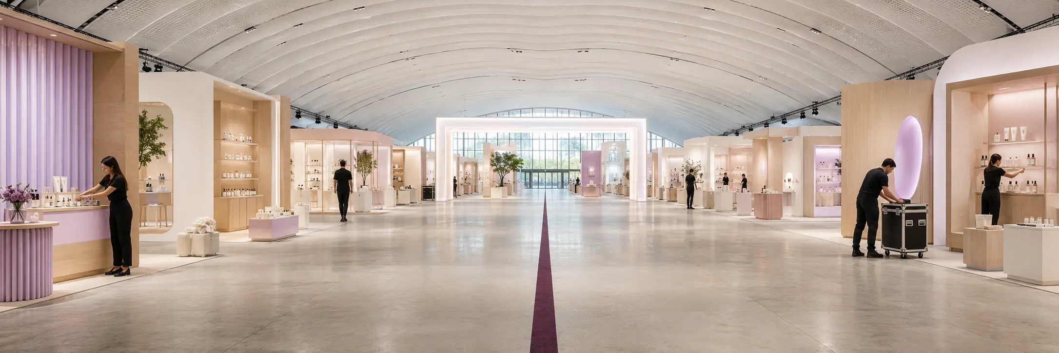 Staff make final checks in an almost empty ivory and lavender convention hall before opening.