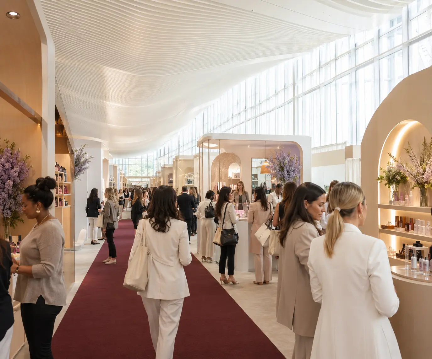 Beauty professionals move through a sunlit convention aisle of ivory and blonde-wood booths with an oxblood carpet line.
