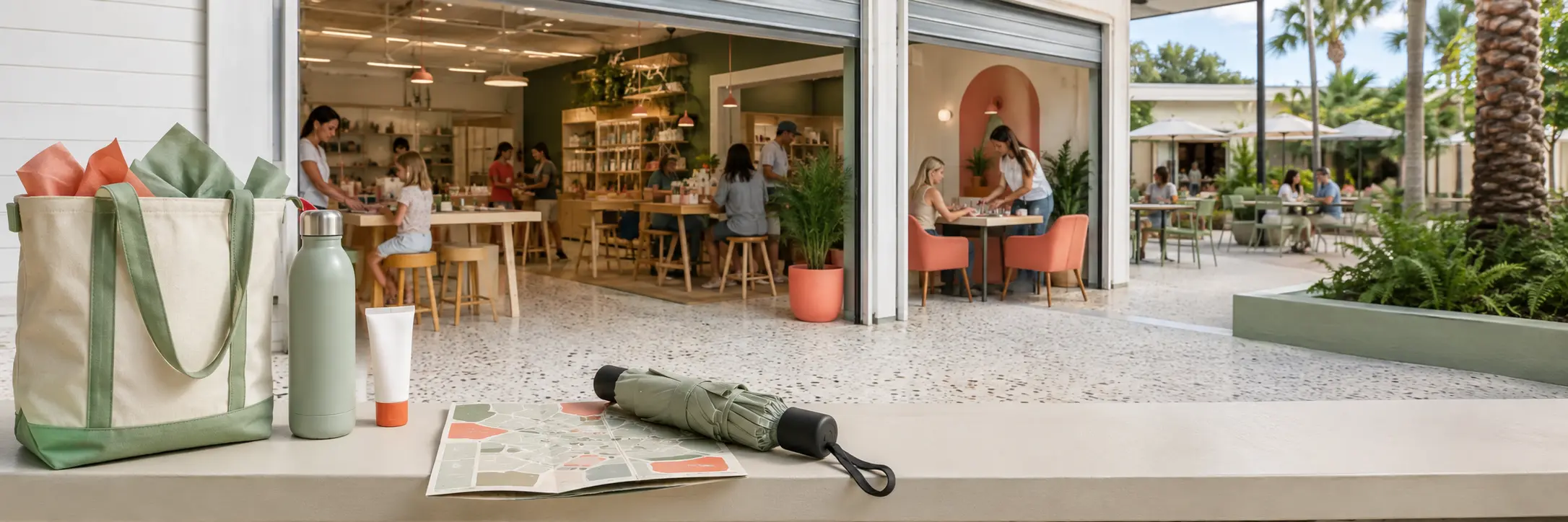 A tote water bottle sunscreen folded map and umbrella sit at the entrance to a shaded Florida maker pop-up.