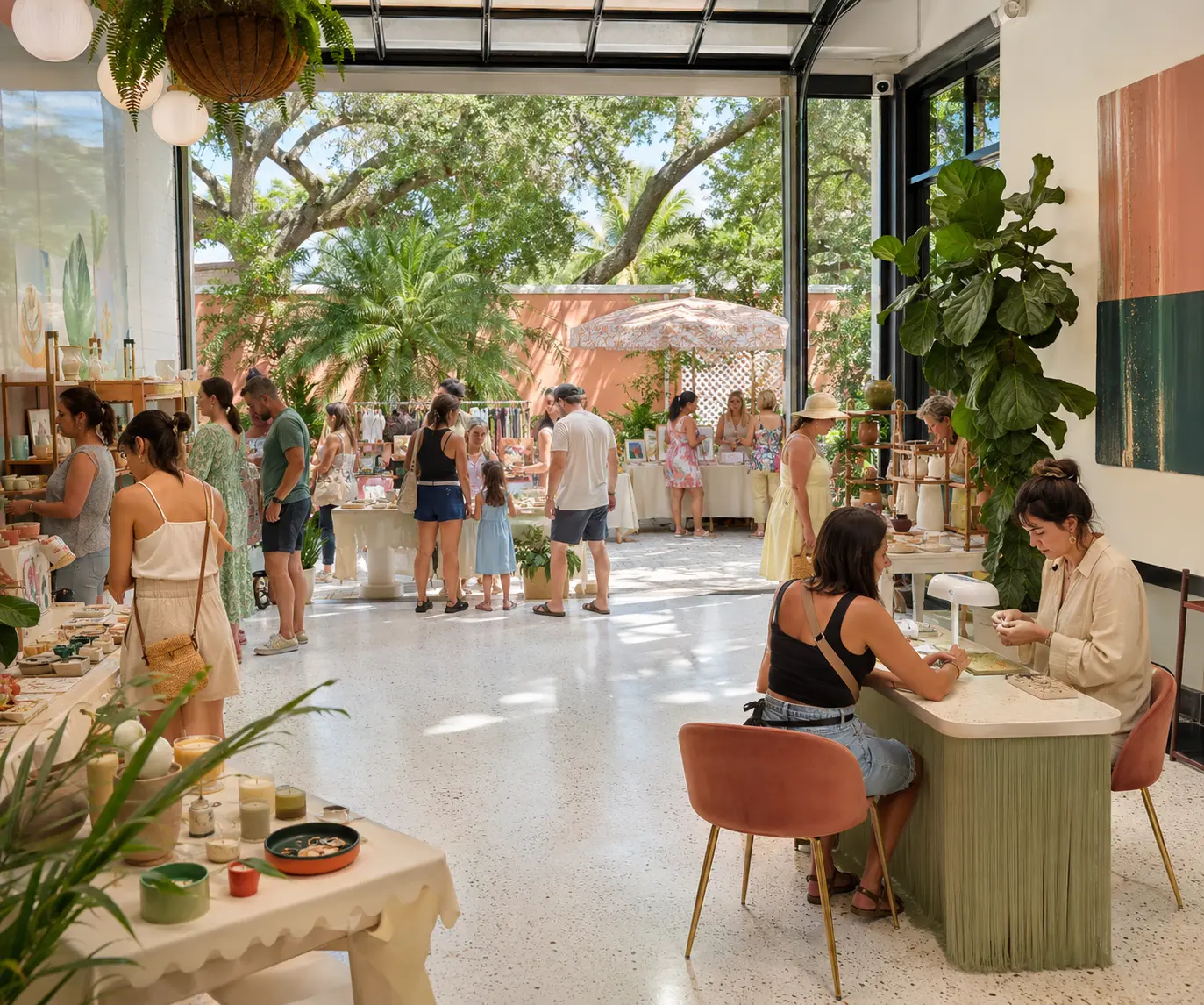 Local shoppers browse compact maker tables and a permanent-jewelry station inside a bright Florida storefront courtyard.