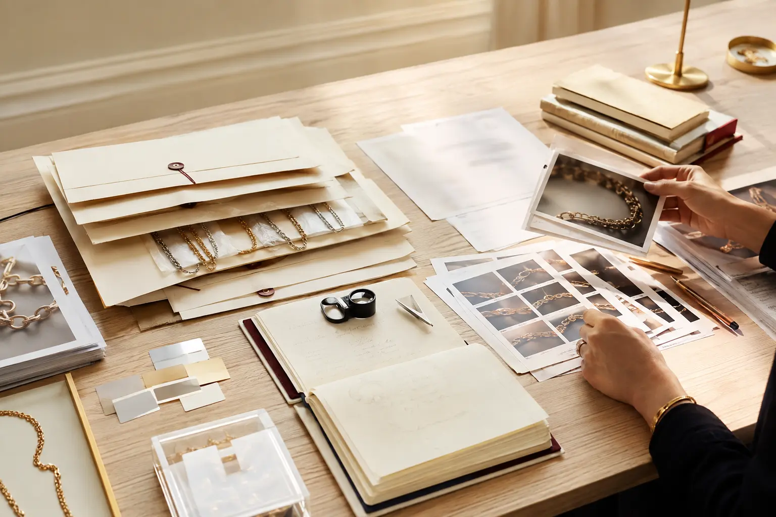 An editor sorts chain samples contact sheets documents and notes on a pale-oak research desk.