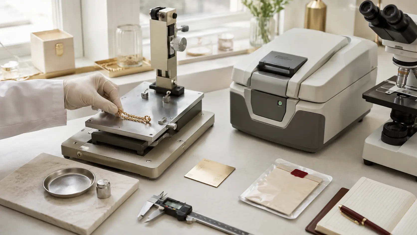 A gloved technician handles a chain sample at a bench with a composition analyzer microscope caliper and sealed evidence envelope.