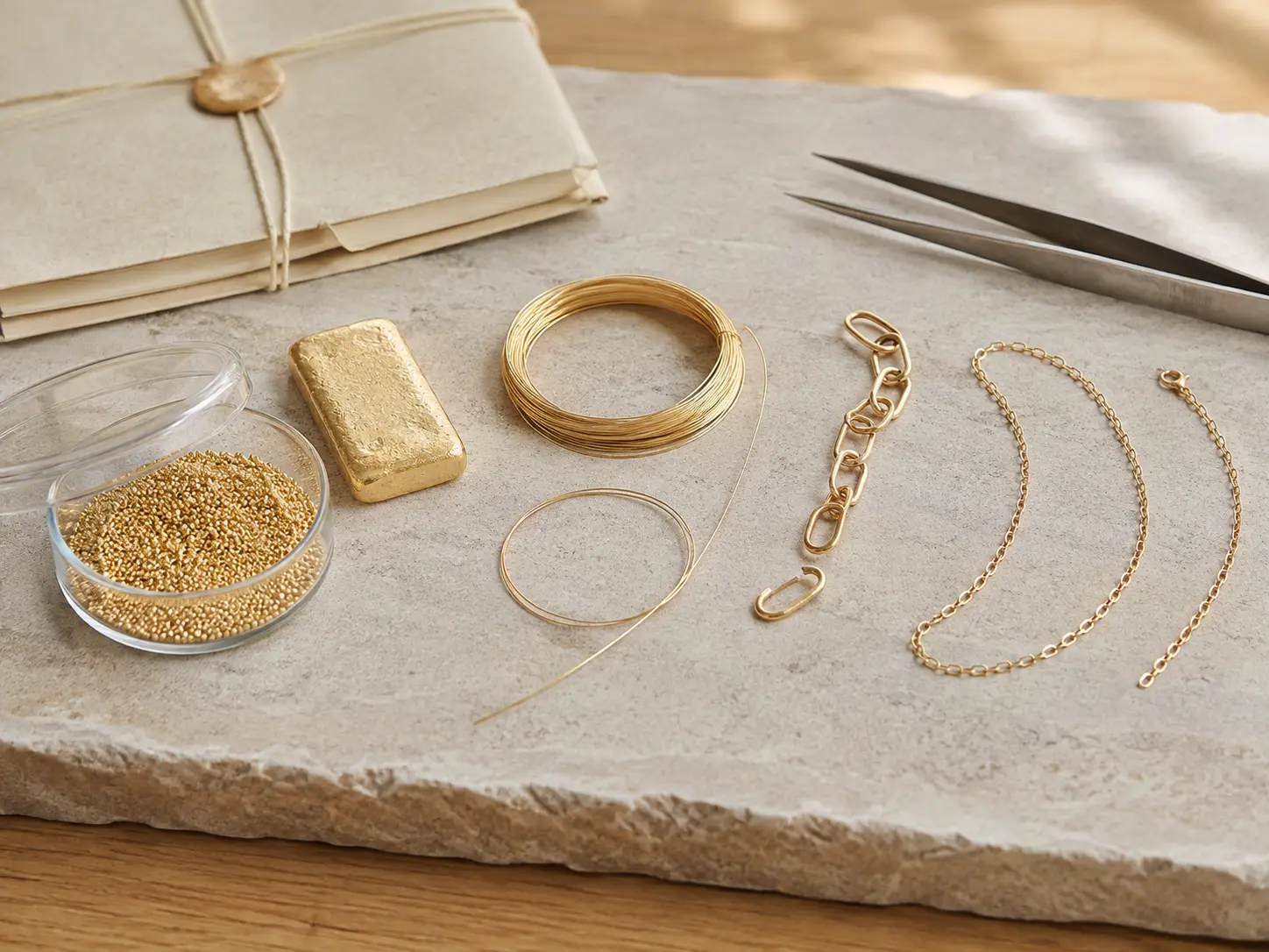 Gold grain an ingot drawn wire unfinished links and finished chains are arranged across one jeweler's bench.