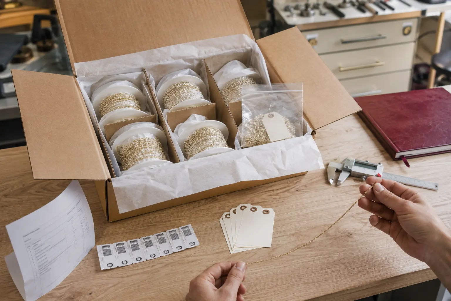 Protected chain spools blank lot tags paperwork and a sample inspection surround an open trade shipment.