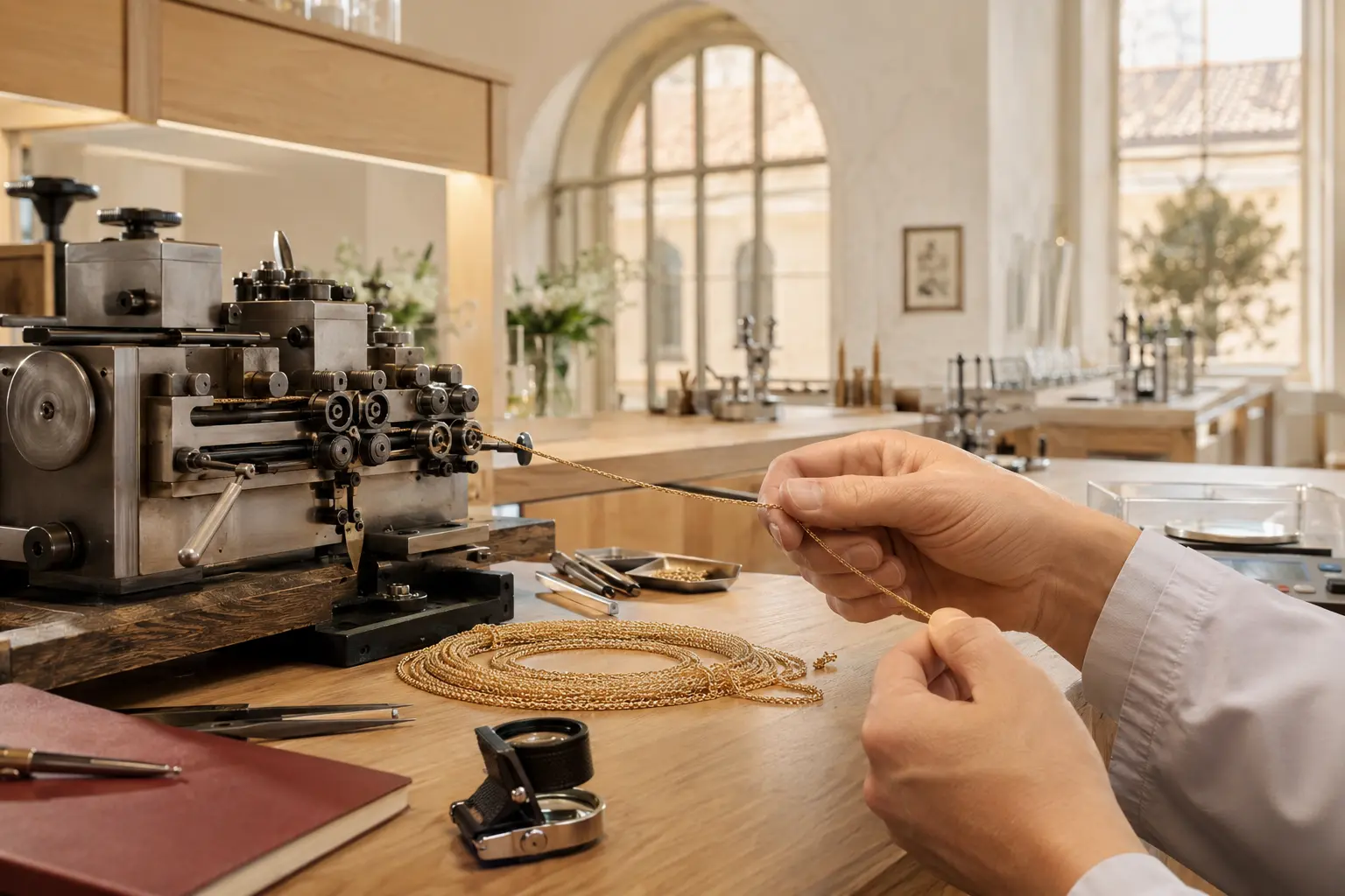 A craftsperson inspects fine chain beside link-forming machinery in a bright Italian-style workshop.