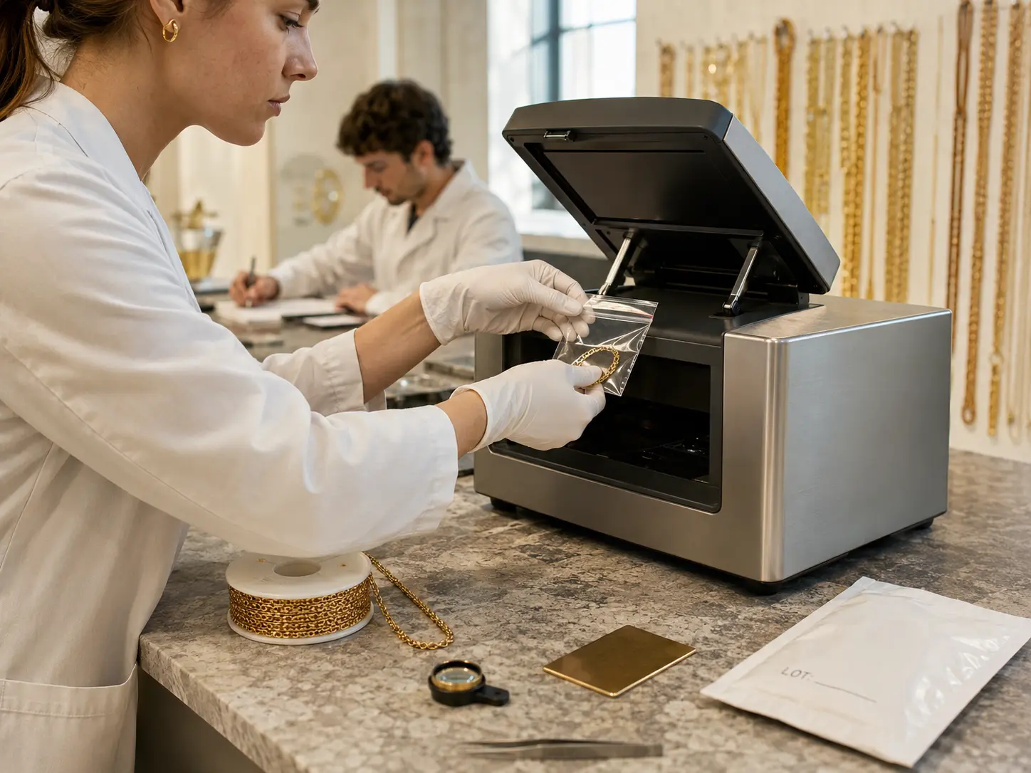 A gloved technician places a sealed chain sample into a benchtop composition analyzer beside a calibration coupon.