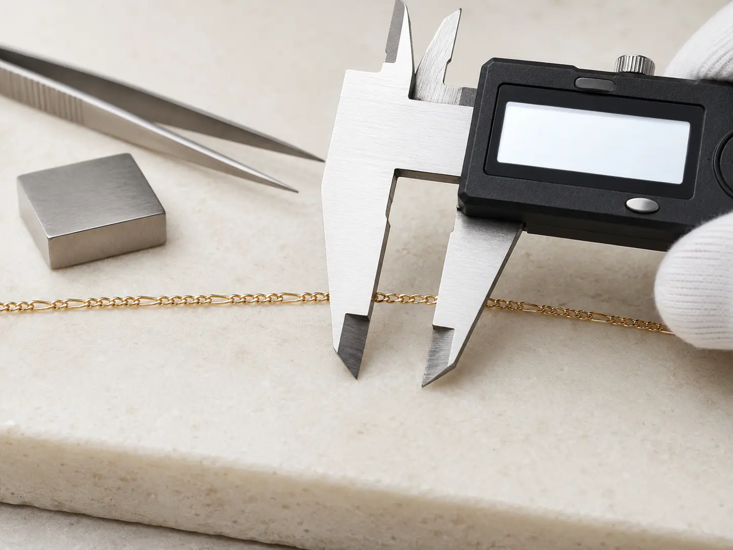 A precision caliper is positioned around a fine Figaro chain on an ivory measurement surface.