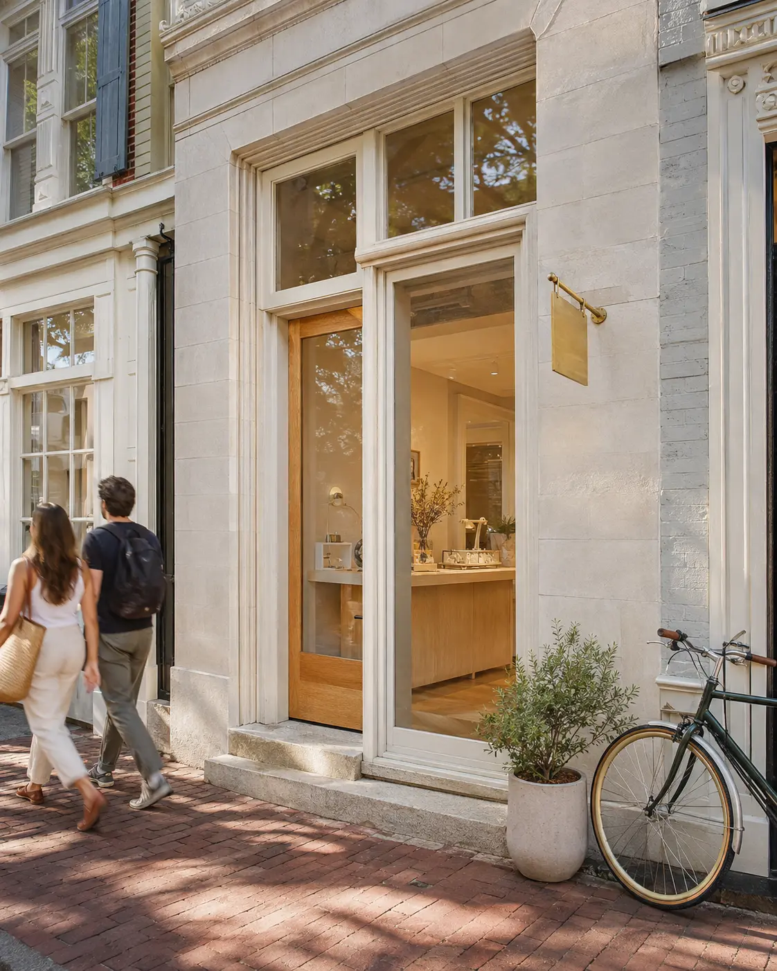 A pale-stone neighborhood jewelry storefront has a honey-oak door clear windows a brass blade sign and an accessible threshold.