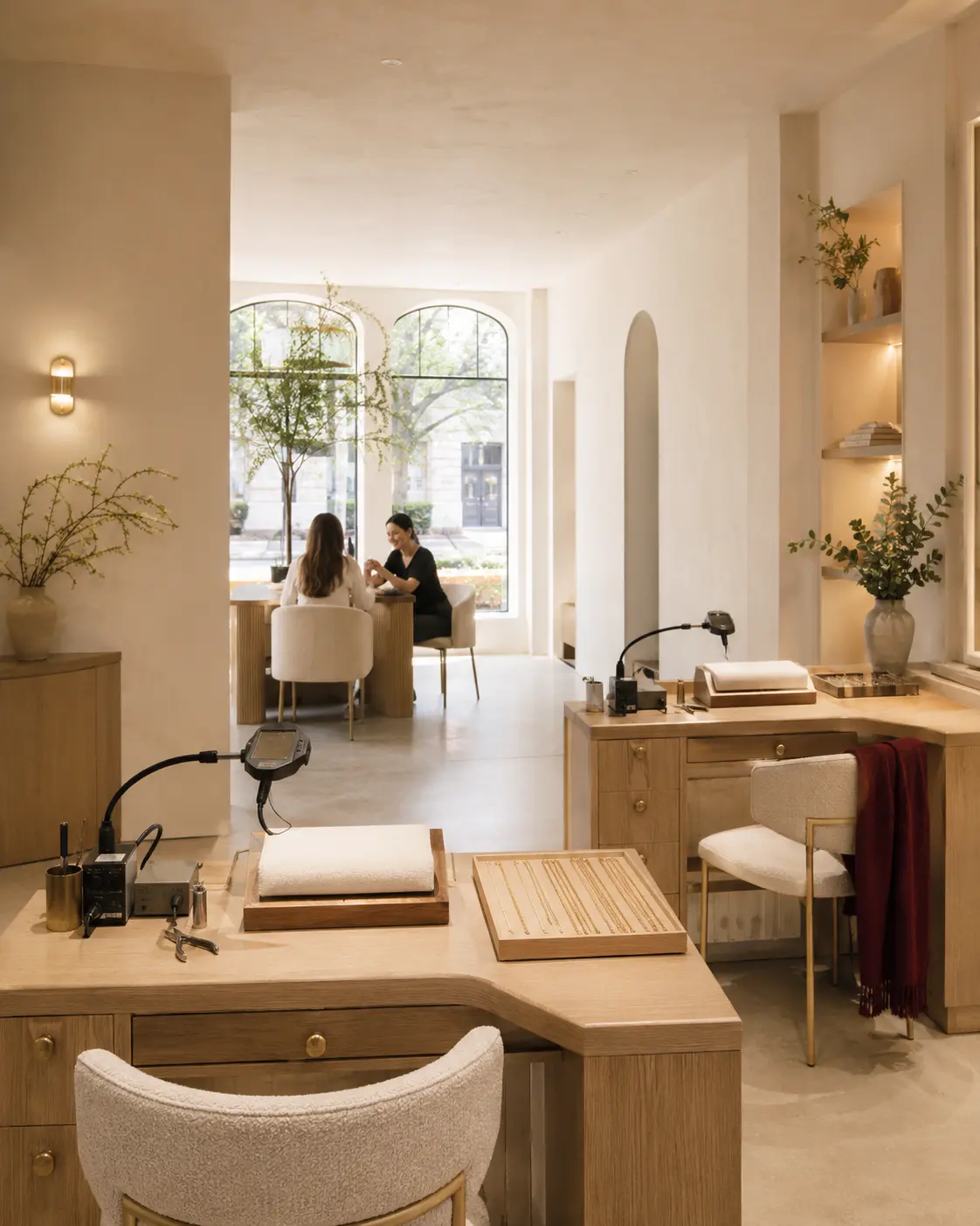A luminous permanent-jewelry studio has oak workstations chain trays welding equipment and a consultation near the windows.