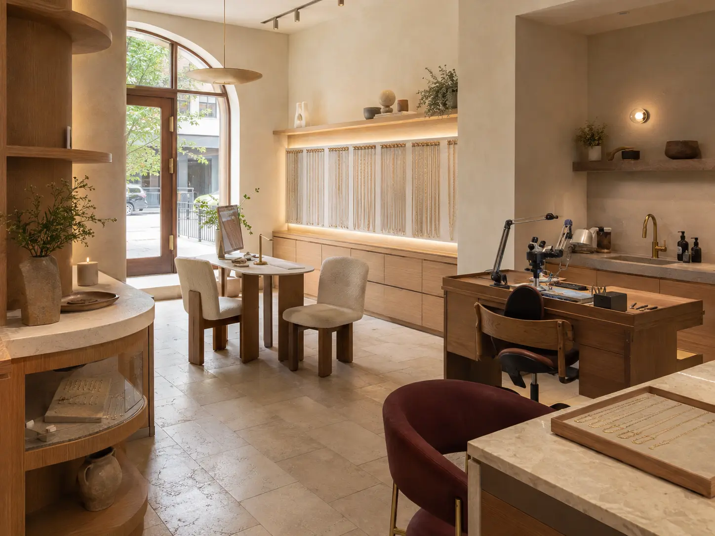 A wide view shows the chain library consultation table welding bench cleaning station and checkout flow of an ivory-and-oak studio.